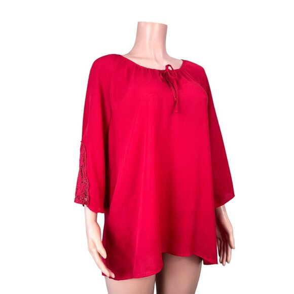 Tacera Womens SZ 1X Red Chiffon Blouse -Lace 3/4 Sleeve-Bow Tie -Round Neck - Picture 3 of 14